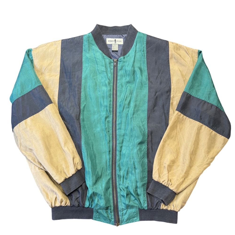 Vintage Robert Stock Colorblock Bomber‎ Jacket Teal Black Tan Silk Blend XL